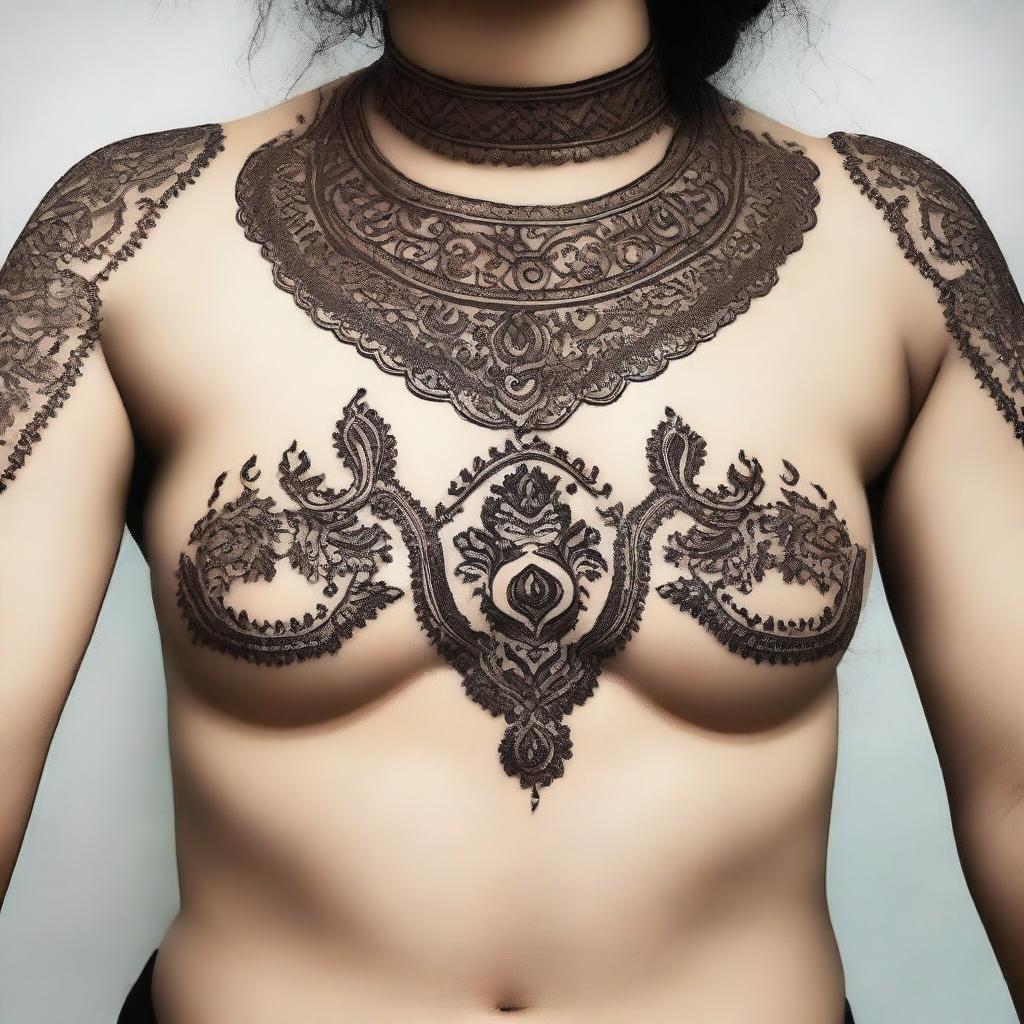 A Mehndi design featuring intricate and traditional patterns and motifs applied around the chest area