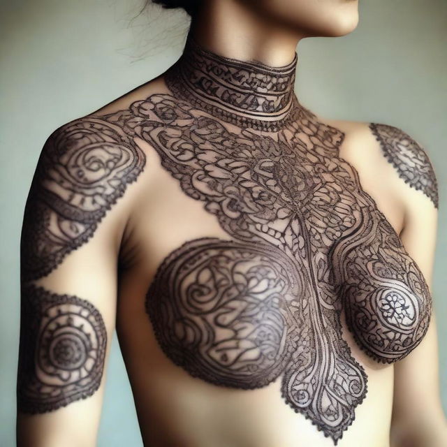 A Mehndi design featuring intricate and traditional patterns and motifs applied around the chest area