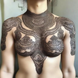 A Mehndi design featuring intricate and traditional patterns and motifs applied around the chest area