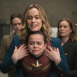 Brie Larson as Captain Marvel behaving like a baby in a fit of tantrum, being held like an oversized baby in the istrength-filled arms of a benevolent female alien.