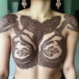 A simple Mehndi design featuring traditional patterns and motifs applied around the chest area