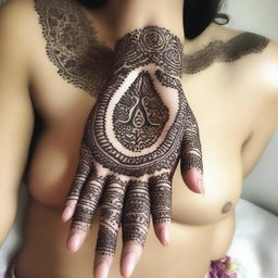 A simple Mehndi design featuring traditional patterns and motifs applied around the chest area