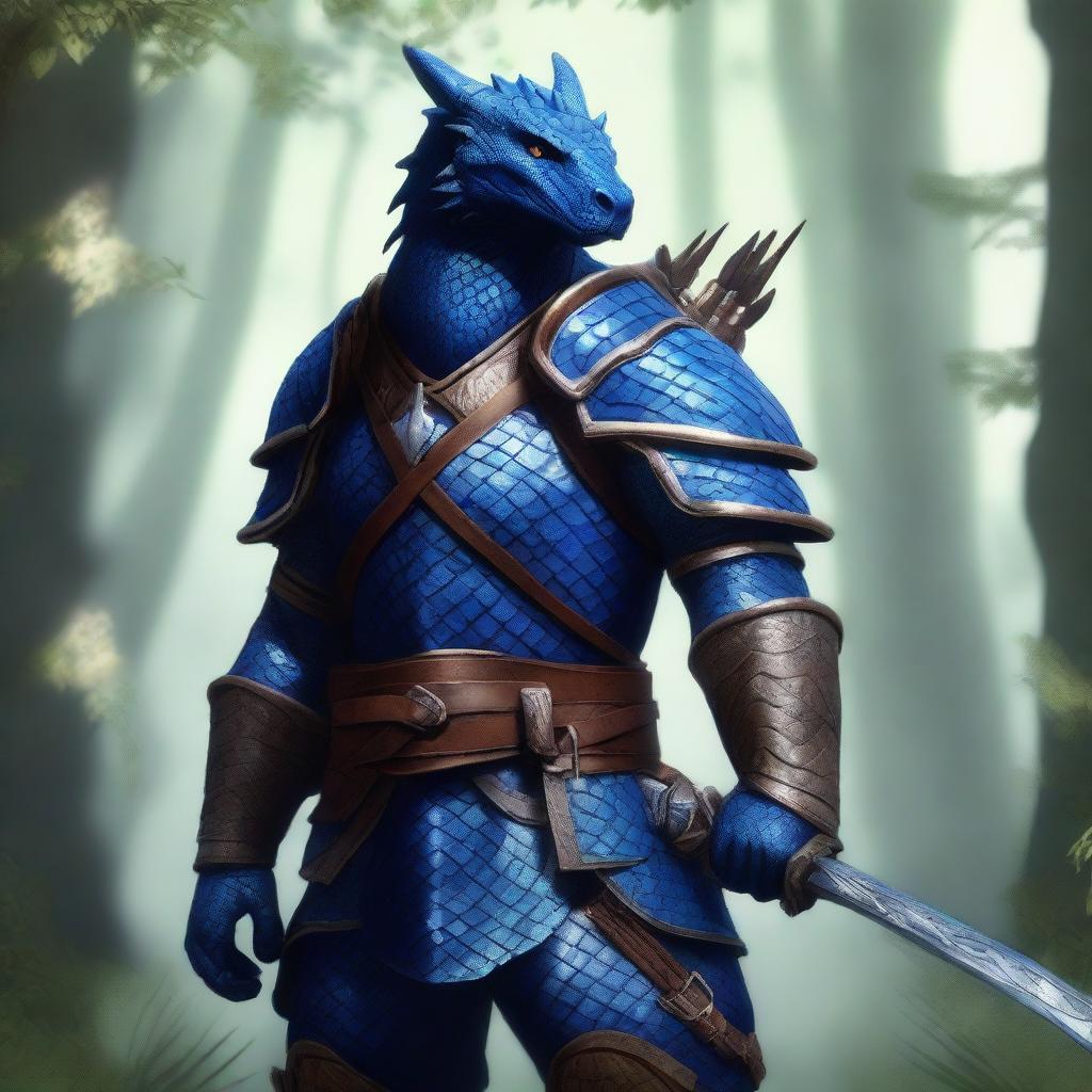 A blue Dragonborn ranger standing in a lush forest, wearing leather armor and holding a bow