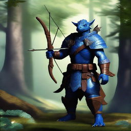 A blue Dragonborn ranger standing in a lush forest, wearing leather armor and holding a bow