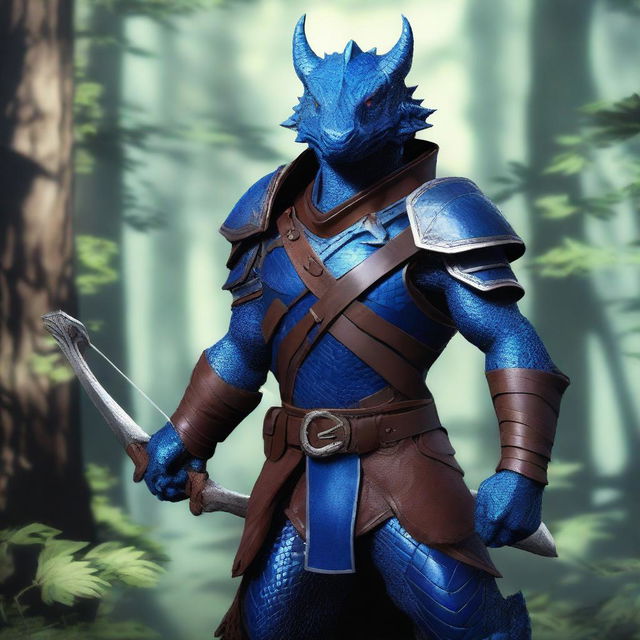 A blue Dragonborn ranger standing in a lush forest, wearing leather armor and holding a bow