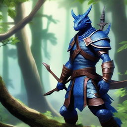 A blue Dragonborn ranger standing in a lush forest, wearing leather armor and holding a bow