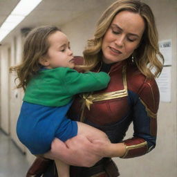 Brie Larson as Captain Marvel behaving like a baby in a fit of tantrum, being held like an oversized baby in the istrength-filled arms of a benevolent female alien.