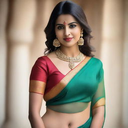 A woman wearing a sexy saree that elegantly drapes around her body, revealing a stylish navel piercing