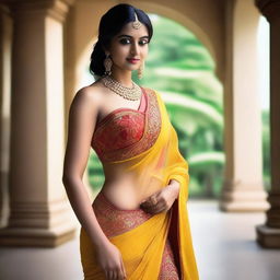 A woman wearing a sexy saree that elegantly drapes around her body, revealing a stylish navel piercing