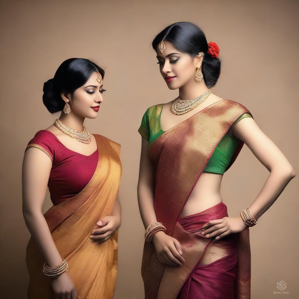 A series of images featuring women wearing sexy sarees that elegantly drape around their bodies, revealing stylish navel piercings