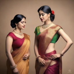 A series of images featuring women wearing sexy sarees that elegantly drape around their bodies, revealing stylish navel piercings