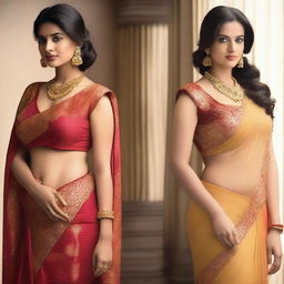 A series of images featuring women wearing sexy sarees that elegantly drape around their bodies, revealing stylish navel piercings