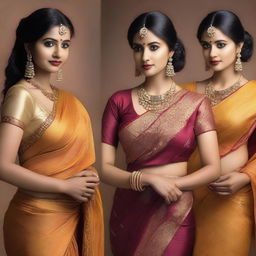 A series of images featuring women wearing sexy sarees that elegantly drape around their bodies, revealing stylish navel piercings