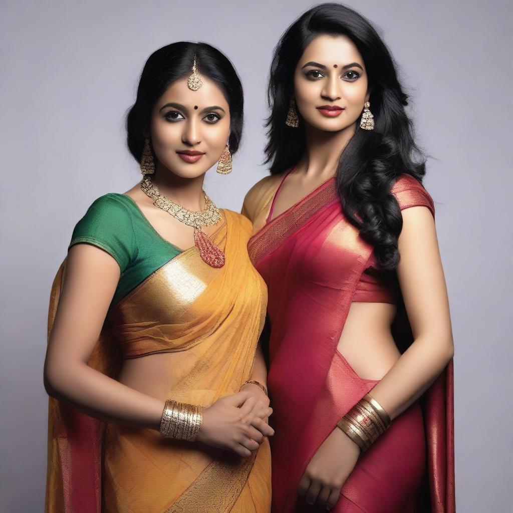 A series of images featuring women wearing sexy sarees that elegantly drape around their bodies, revealing stylish navel piercings