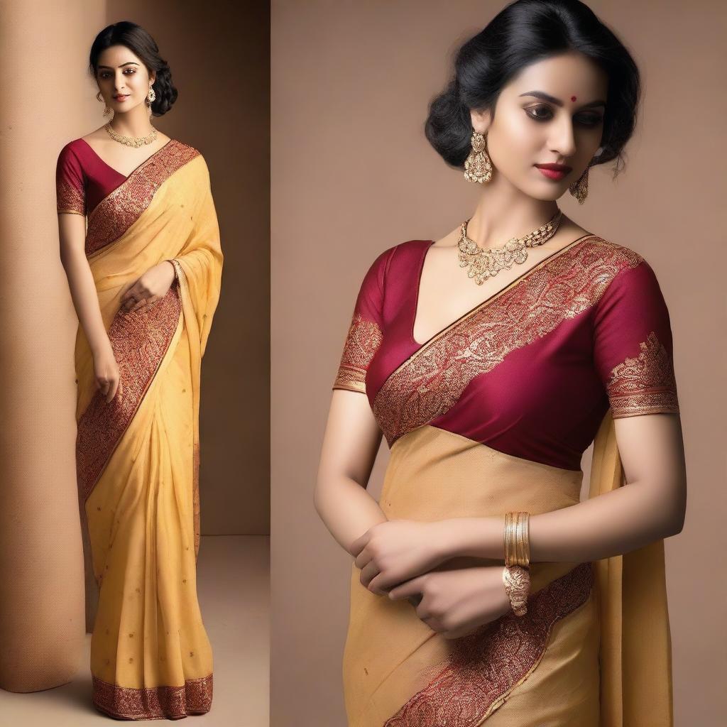 A series of images featuring women wearing sexy sarees that elegantly drape around their bodies