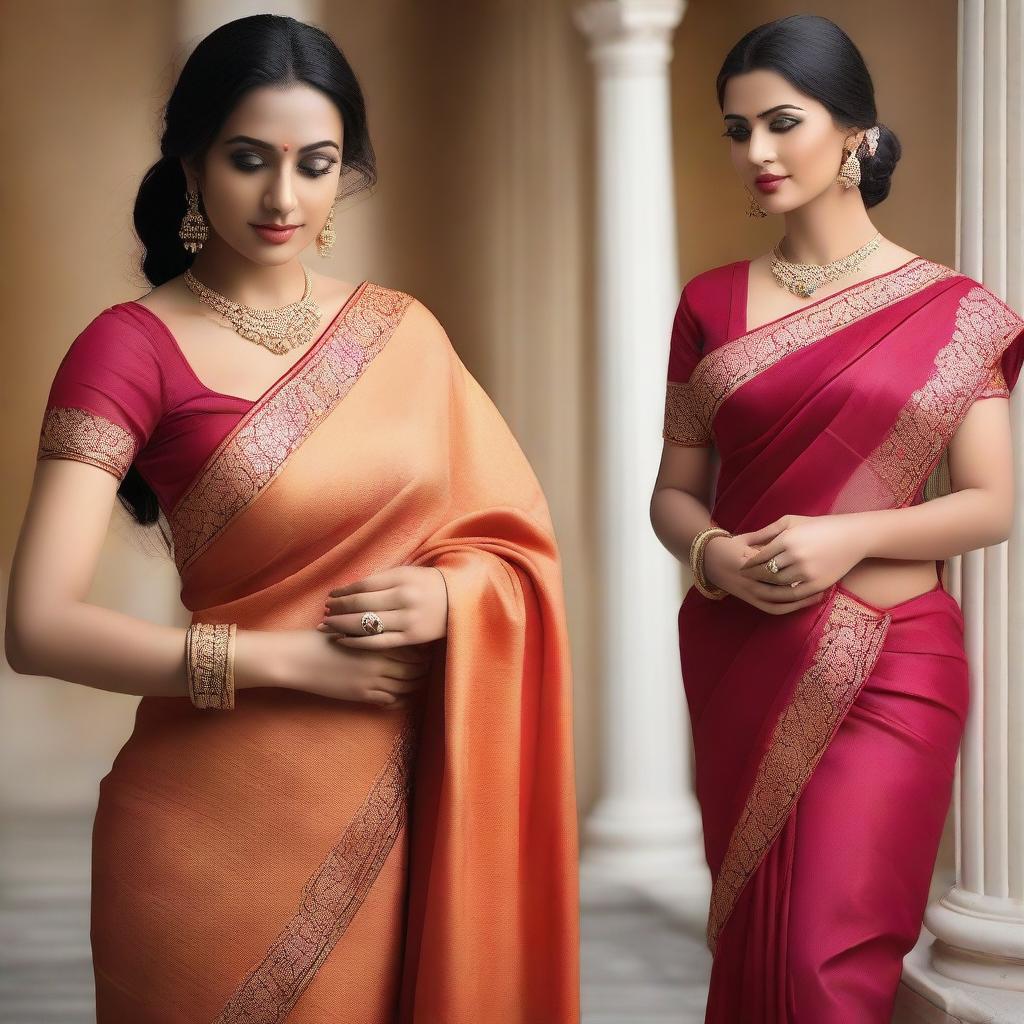 A series of images featuring women wearing sexy sarees that elegantly drape around their bodies, emphasizing their curves and cleavage