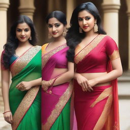 A series of images featuring women wearing sexy sarees that elegantly drape around their bodies, emphasizing their curves and cleavage