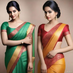 A series of images featuring women wearing sexy sarees that elegantly drape around their bodies, emphasizing their curves and cleavage