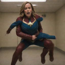 Brie Larson as Captain Marvel in a humorous scene, acting like a baby throwing a tantrum and being lifted by a strong, patient female alien.