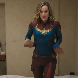 Brie Larson as Captain Marvel in a humorous scene, acting like a baby throwing a tantrum and being lifted by a strong, patient female alien.