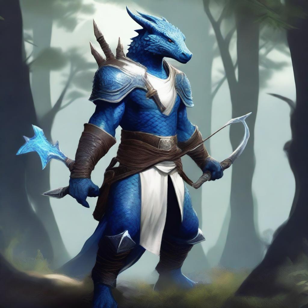 A blue Dragonborn ranger standing in a lush forest, wearing white clothes and holding a bow