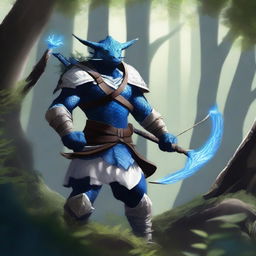 A blue Dragonborn ranger standing in a lush forest, wearing white clothes and holding a bow