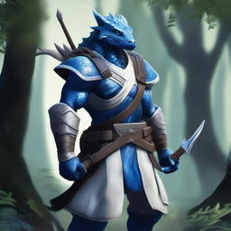 A blue Dragonborn ranger standing in a lush forest, wearing white clothes and holding a bow