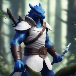 A blue Dragonborn ranger standing in a lush forest, wearing white clothes and holding a bow