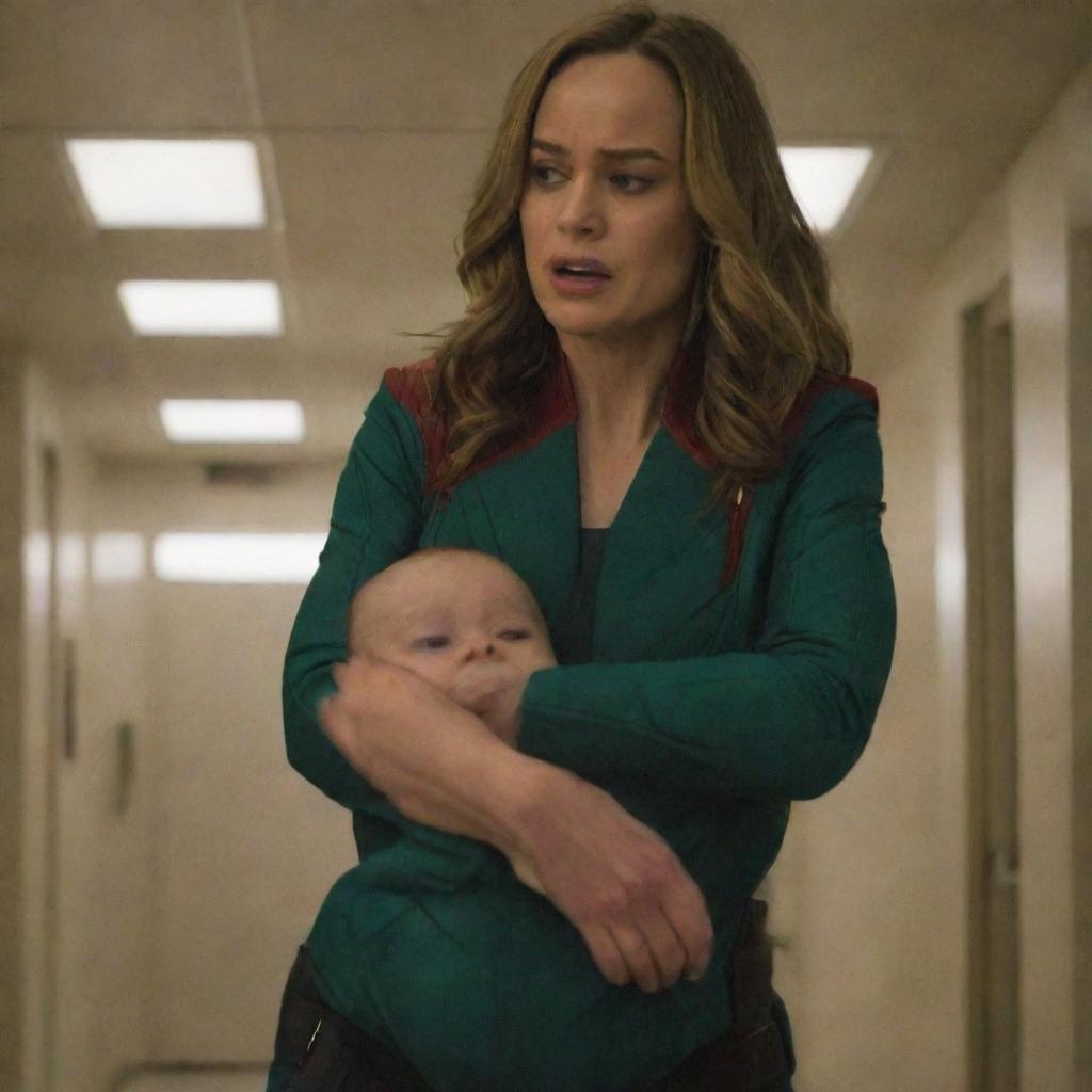 Brie Larson as Captain Marvel in a humorous scene, acting like a baby throwing a tantrum and being lifted by a strong, patient female alien.