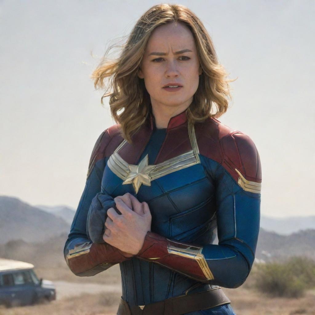 Brie Larson as Captain Marvel, behaving amusingly like a baby throwing a tantrum, while being carried by a serene and sturdy female alien.