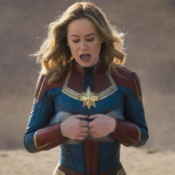 Brie Larson as Captain Marvel, behaving amusingly like a baby throwing a tantrum, while being carried by a serene and sturdy female alien.