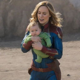 Brie Larson as Captain Marvel, behaving amusingly like a baby throwing a tantrum, while being carried by a serene and sturdy female alien.