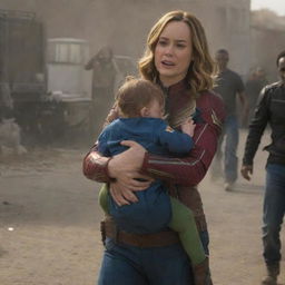 Brie Larson as Captain Marvel, behaving amusingly like a baby throwing a tantrum, while being carried by a serene and sturdy female alien.