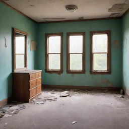 A vintage-science fiction themed empty room, marked by nostalgic tones and a shattered mirror in the center, reflecting a vibrant and homely past when a family used to live there.