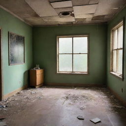 A vintage-science fiction themed empty room, marked by nostalgic tones and a shattered mirror in the center, reflecting a vibrant and homely past when a family used to live there.