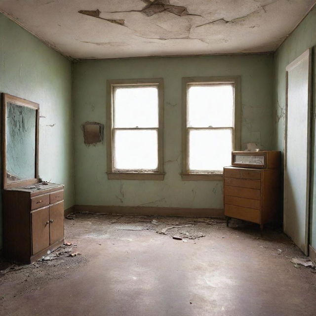 A vintage-science fiction themed empty room, marked by nostalgic tones and a shattered mirror in the center, reflecting a vibrant and homely past when a family used to live there.