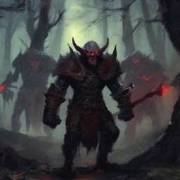 A fearsome army of vampire goblins, with sharp fangs and glowing red eyes, marching through a dark, eerie forest