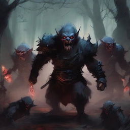 A fearsome army of vampire goblins, with sharp fangs and glowing red eyes, marching through a dark, eerie forest