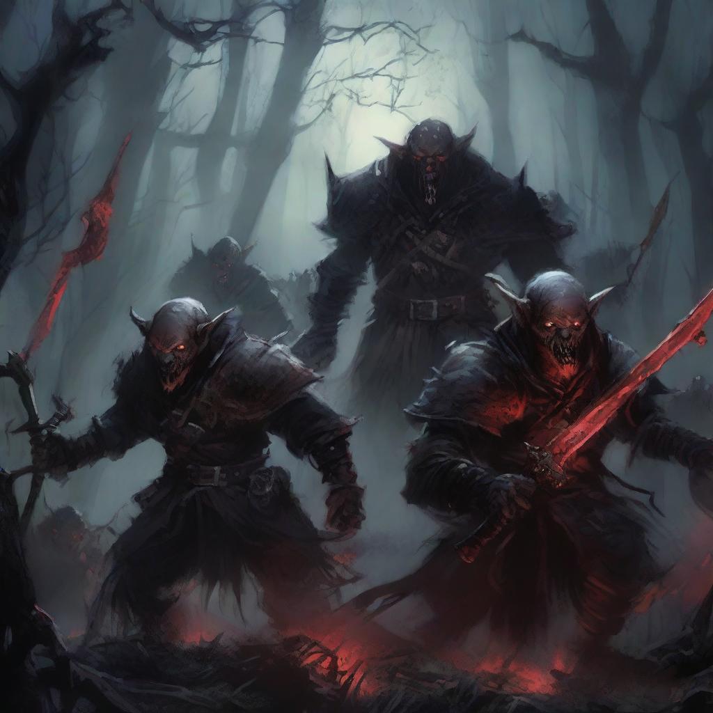 A fearsome army of vampire goblins, with sharp fangs and glowing red eyes, marching through a dark, eerie forest