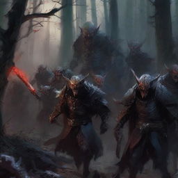 A fearsome army of vampire goblins, with sharp fangs and glowing red eyes, marching through a dark, eerie forest