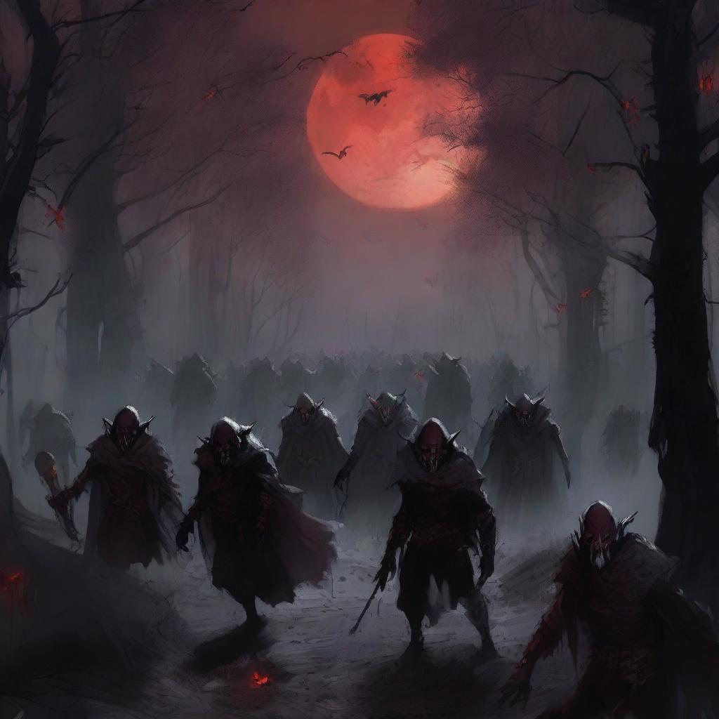 An army of vampire goblins marching through a dark, eerie forest under a blood-red moon