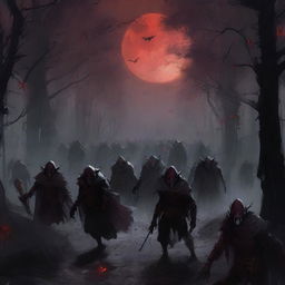 An army of vampire goblins marching through a dark, eerie forest under a blood-red moon