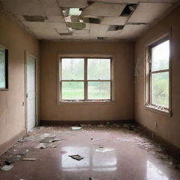 A vintage-science fiction themed empty room, marked by nostalgic tones and a shattered mirror in the center, reflecting a vibrant and homely past when a family used to live there.