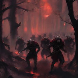 An army of vampire goblins marching through a dark, eerie forest under a blood-red moon