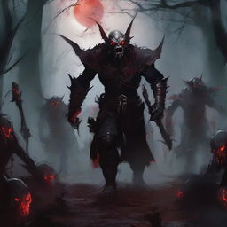 An army of vampire goblins marching through a dark, eerie forest under a blood-red moon