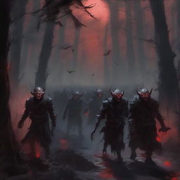 An army of vampire goblins marching through a dark, eerie forest under a blood-red moon