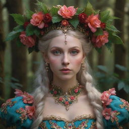 A hyper realistic 3D portrait of a Russian elf woman styled in Rococo fashion. She's in a vibrant, mystical Russian forest filled with intricate floral aesthetics. Captured in close-up, high definition cinematic photography with a strong spirit vibe.