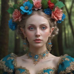 A hyper realistic 3D portrait of a Russian elf woman styled in Rococo fashion. She's in a vibrant, mystical Russian forest filled with intricate floral aesthetics. Captured in close-up, high definition cinematic photography with a strong spirit vibe.