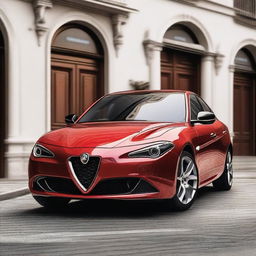 A stylish red sedan from Alfa Romeo, showcasing elegant curves, a sophisticated design, and the iconic Alfa Romeo grille and logo