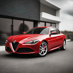 A stylish red sedan from Alfa Romeo, showcasing elegant curves, a sophisticated design, and the iconic Alfa Romeo grille and logo